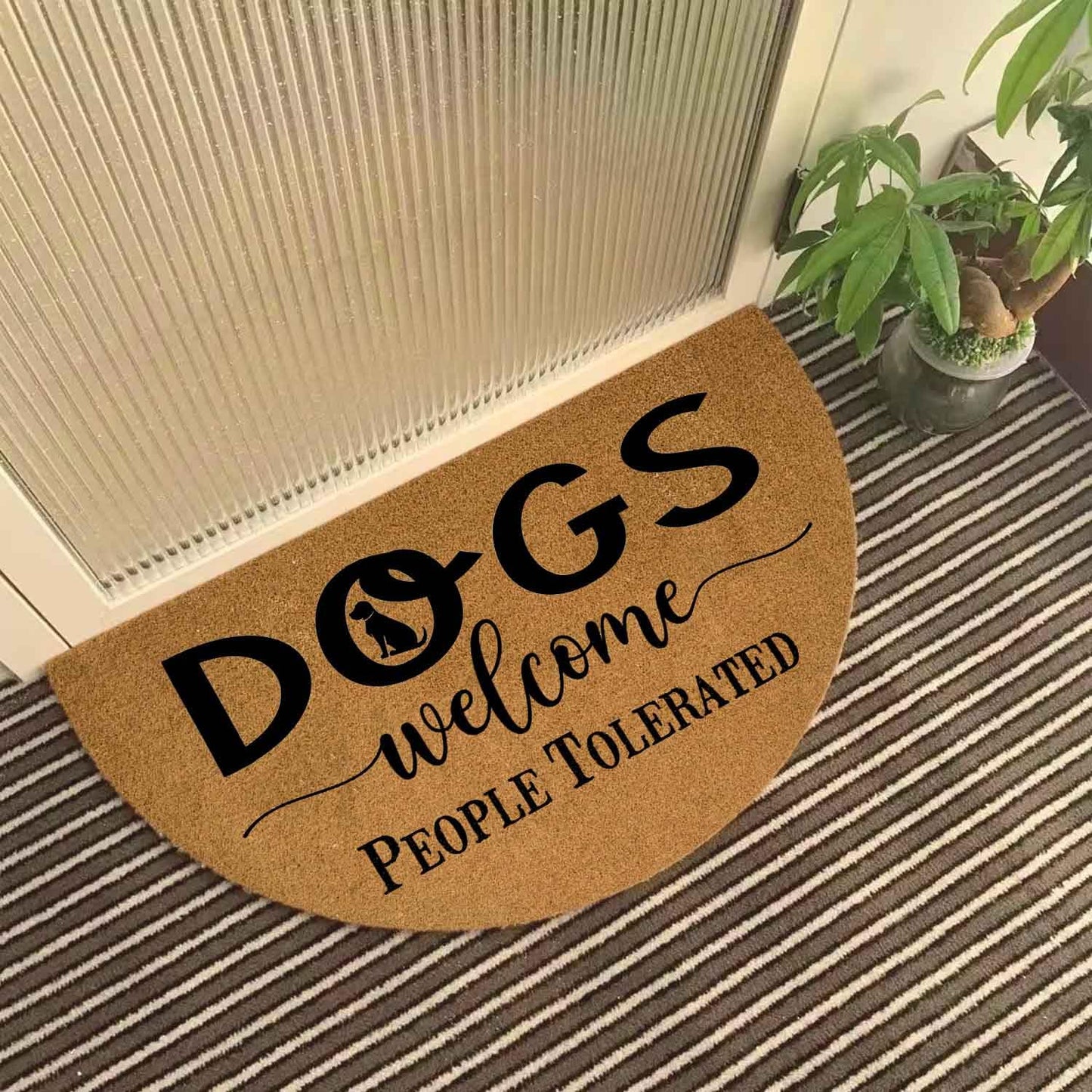 Funny Dog Half Round Doormat, Dogs Welcome People Tolerated Welcome Mat, 29.5"x17" Faux Coir Entryway Rug, Low Profile Non-Slip Outdoor Indoor Floor Carpet for Pet Lovers