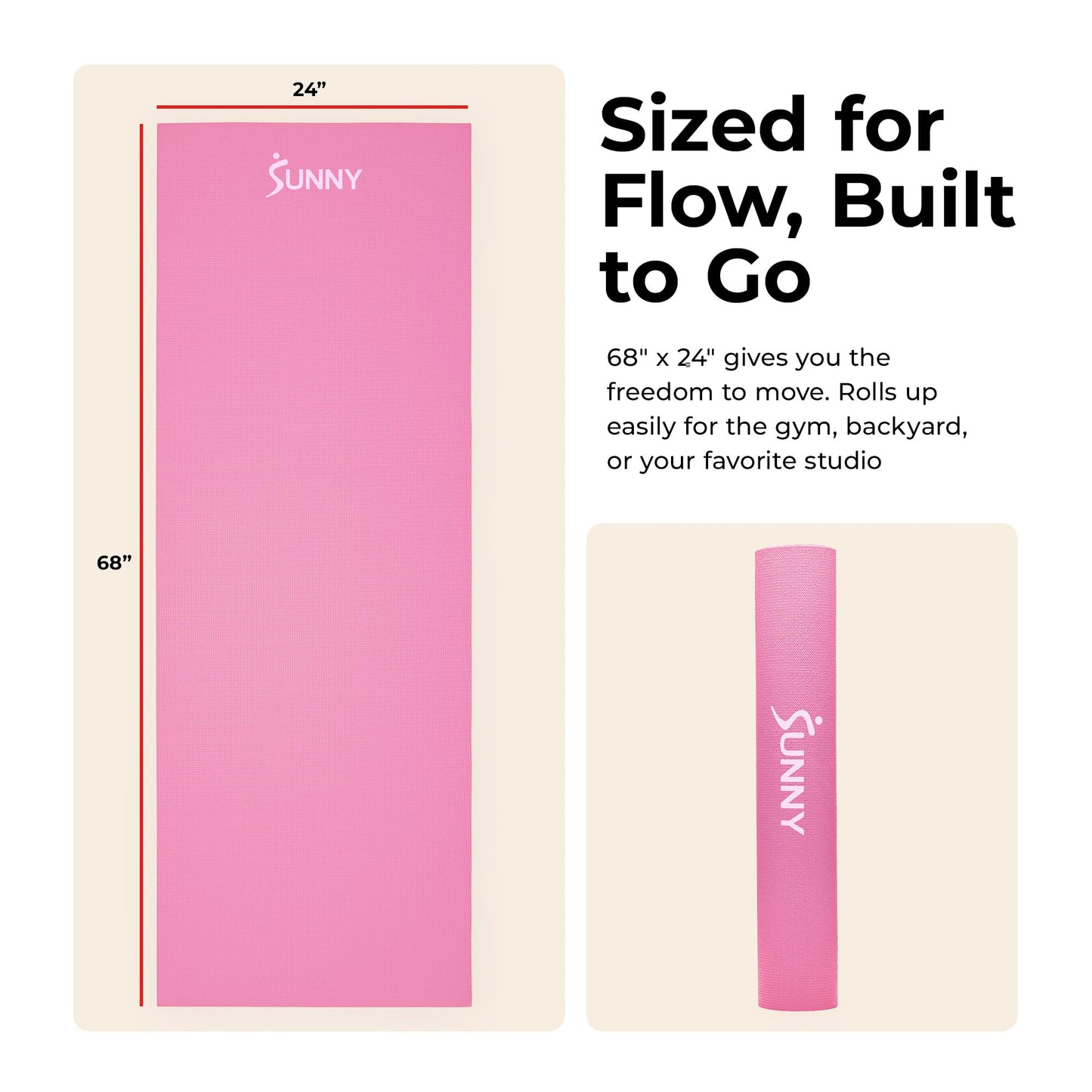 Sunny Health & Fitness Exercise Yoga Mat – Firm Studio Support for Stability & Grounded Balance – Durable, Tear-Resistant & Portable for Yoga, Pilates & Floor Workouts- Pink– NO. 031-PK