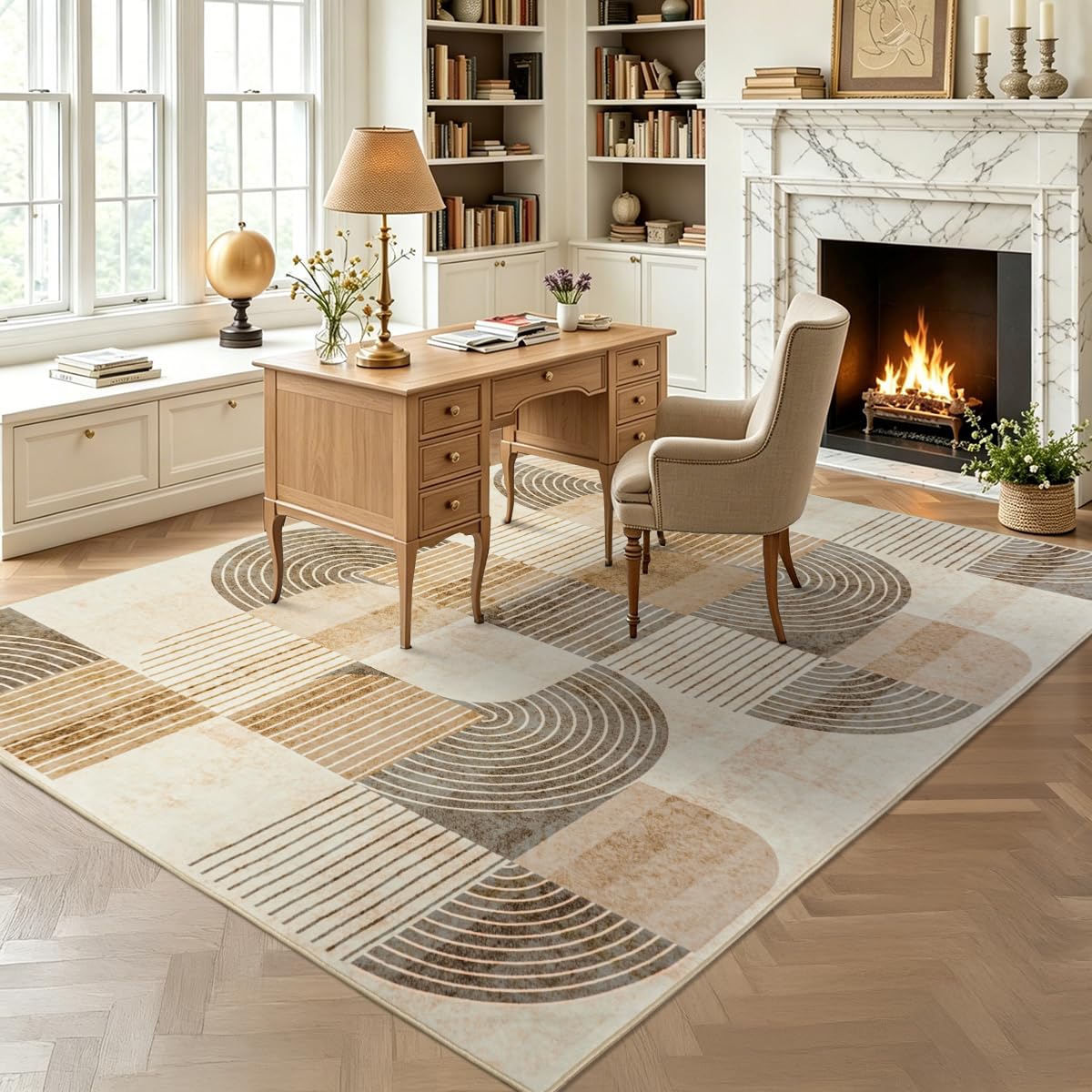 OHDS Area Rugs for Bedroom Living Room 4x6 - Soft Beige Mid Century Modern Rug, Washable Non-Slip Indoor Floor Mat Abstract Neutral Carpet for Dining Room Nursery Office Home