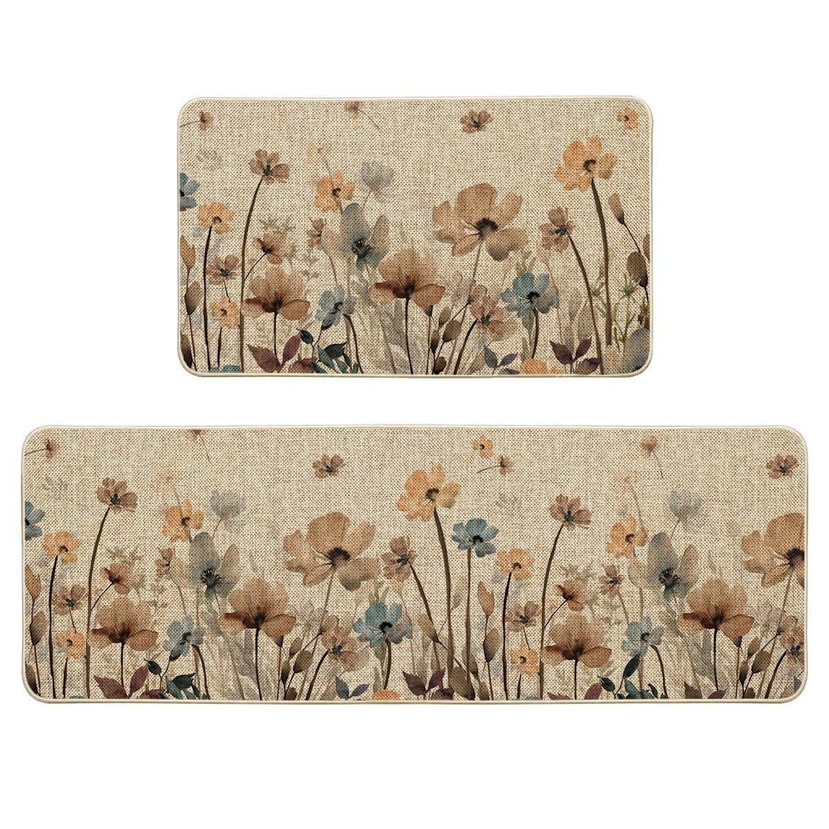 Artoid Mode Brown Poppy Floral Leaves Spring Kitchen Mats Set of 2, Spring Home Decor Low-Profile Kitchen Rugs for Floor - 17x29 and 17x47 Inch