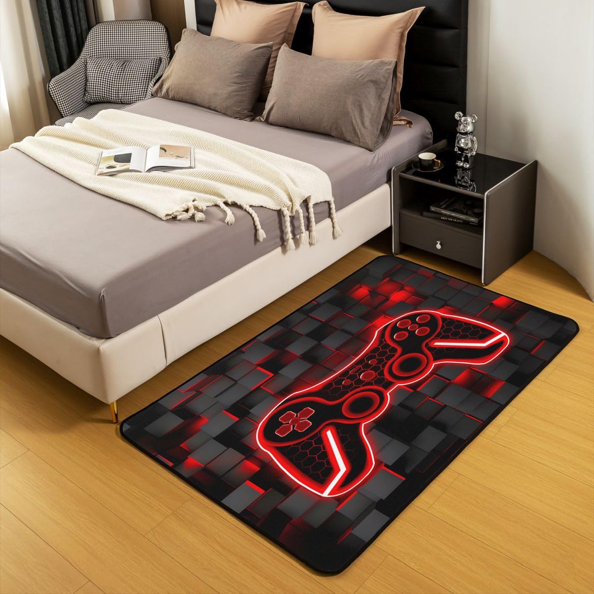 Feelyou Kids Gamer Area Rug 3x5 Red and Black Rugs for Living Room Bedroom for Boys Teens Room Decor Gaming Ombre Decorative Rug Set Geometric Square Indoor Floor Mat