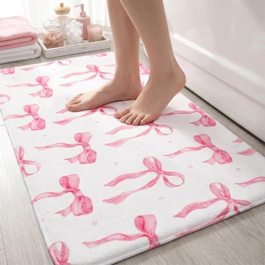 HAIWAOO Memory Foam Bath Mat with Pink Bow Pattern, Comfortable, Soft, Non-Slip, Super Absorbent, Quick Drying Bath Rug for Bathroom,Floor, Tub & Shower, Machine Washable (32INX20IN, Bow)