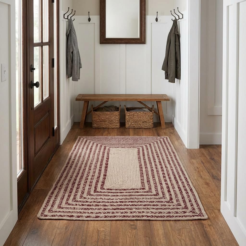 Cotton Braided Rug - 3' X 5' Beige and Burgundy Rectangle Woven Farmhouse Rug for Kitchen - Braided Minimalist Rugs for Entryway - Rustic Primitive Rugs for Bedside