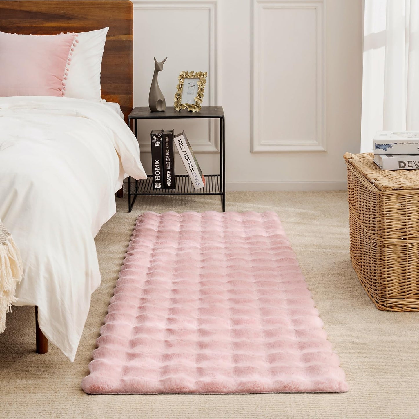Ashler Faux Rabbit Fur Rug, Pink 2x6 FT Fluffy Soft Runner Area Rugs, Rectangle Fuzzy Carpet for Living Room, Bedroom, Machine Washable Shaggy - 3D Bubble Rug,
