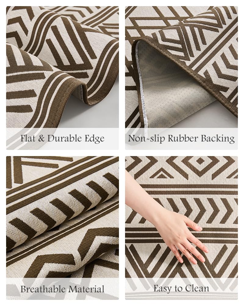 Outdoor Rug Carpet 4x6 ft, Flatweave Textured Outdoor Patio Rug Non Slip Indoor Outdoor Rugs with Rubber Particles Backing Boho Outdoor Area Rug for Patio Deck Front Porch Backyard Balcony, Brown