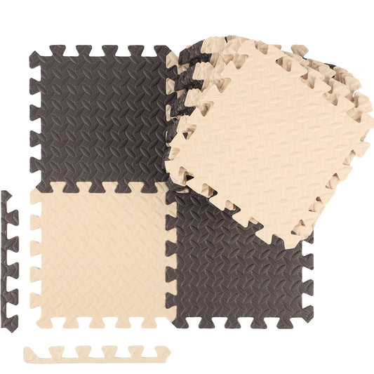 Ecally 100 Pcs 12 x 12 Gym Mat Foam Floor Mats for Home Gym Covers 96 Sq Ft Puzzle Exercise Square Interlocking Carpet Tiles with Border for Workouts Equipment Yoga Pilates (Beige,Brown)