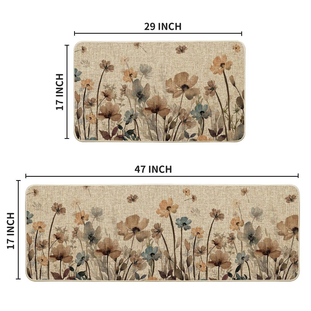 Artoid Mode Brown Poppy Floral Leaves Spring Kitchen Mats Set of 2, Spring Home Decor Low-Profile Kitchen Rugs for Floor - 17x29 and 17x47 Inch