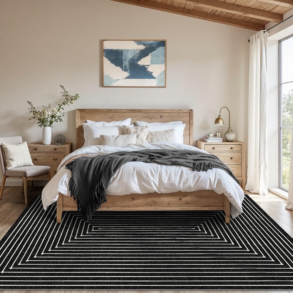 Latte&Fog 5x7 Area Rugs for Living Room Bedroom, Modern Abstract Washable Rug, Boho Non Slip Low Pile Carpet for Indoor Dining Room, Office, Dorm, Classroom, Farmhouse and Kids Room - Indigo Black