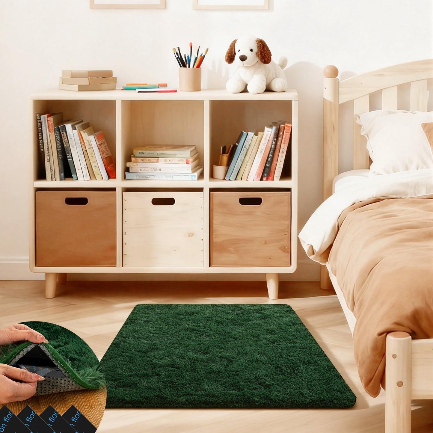 Ehayx Dark Green Rugs for Bedroom, 2x3 Fluffy Area Rugs for Living Room, Small Fuzzy Shag Soft Carpet with 4 Non-Slip Adhesive Strips for Kids Boys and Girls Nursery Dorm Home Decor (2ft X 3ft)