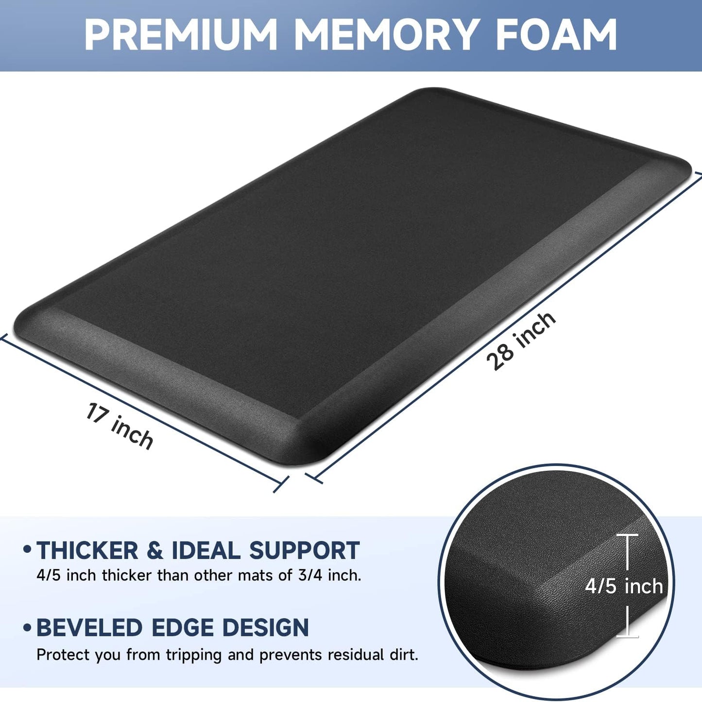 4/5 Inch Thick Kitchen Mats for Floor, StepRite Kitchen Rug for Standing Desk, Non-Slip, Thicker, Stain Resistant, Water Resistant, Comfort Anti Fatigue Floor Mat for Home, Kitchen, Office - Black