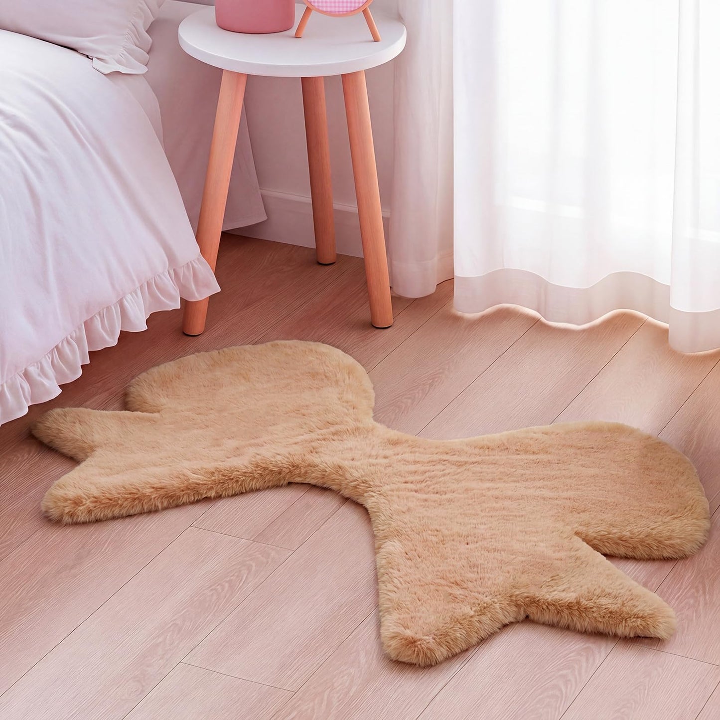 Tinideya Tan Bow Rug 2 x 3 ft Cute Coquette Bow Area Rugs with 6 Pcs 3.94 x 3.94'' Anti Slip Stickers Faux Rabbit Fur Bedside Carpet with Serged Edge for Bedroom Nursery Playroom Home Floor Decor