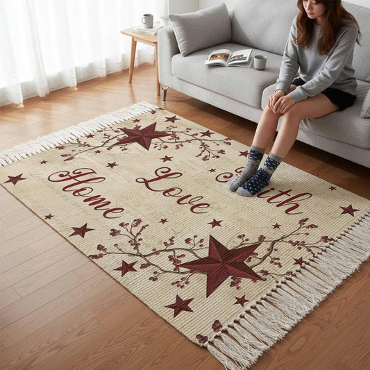 Vintage Country Washable Rugs for Living Room, Area Rug for Bedroom, Vintage Rustic Texas Stars Plants Branch 3x5 Feet Woven Area Carpet with Tassels, Throw Carpet Rug for Bedside