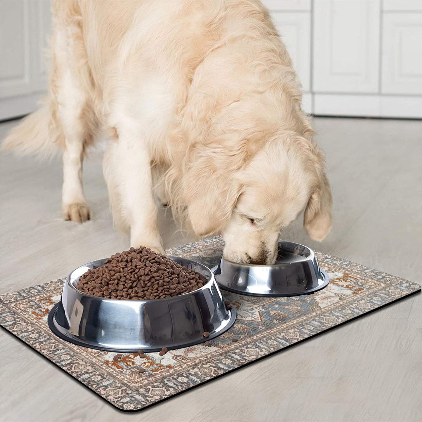 Dog Food Mats for Floors, Absorbent and Quick-Drying Pet Cat Food Mat,Anti-Fouling and Easy-to-Clean Pet Feeding Mat,Dog Bowl Mat for Messy Drinking Water Bowls.12 x20, Bohemia Style