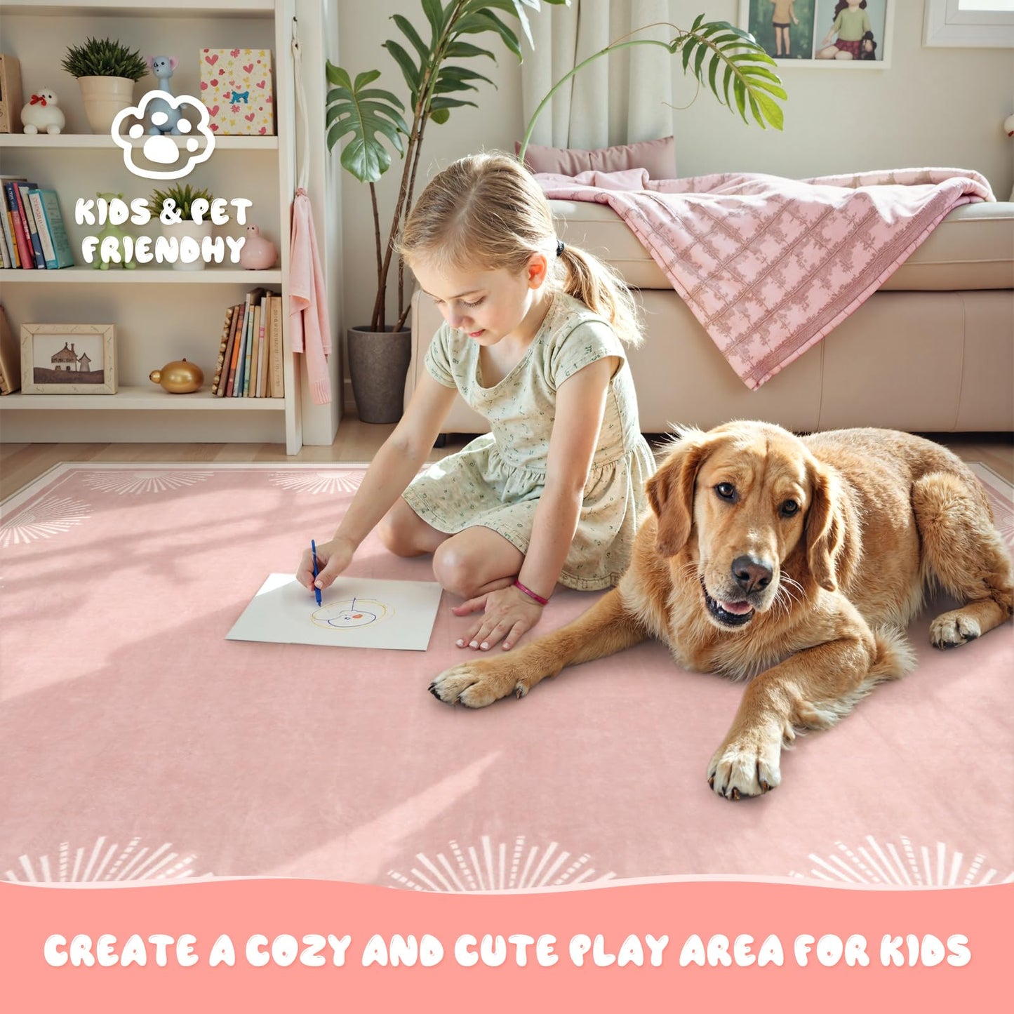 Hedlive Modern 3x5 Pink Rugs for Bedroom Girls,Ultra Thin Nursery Rug for Girls Room, Sun Printed Non Slip Washable Area Rug,Soft Non Shedding Throw Carpet for Playroom Classroom(3'x5',Pink)