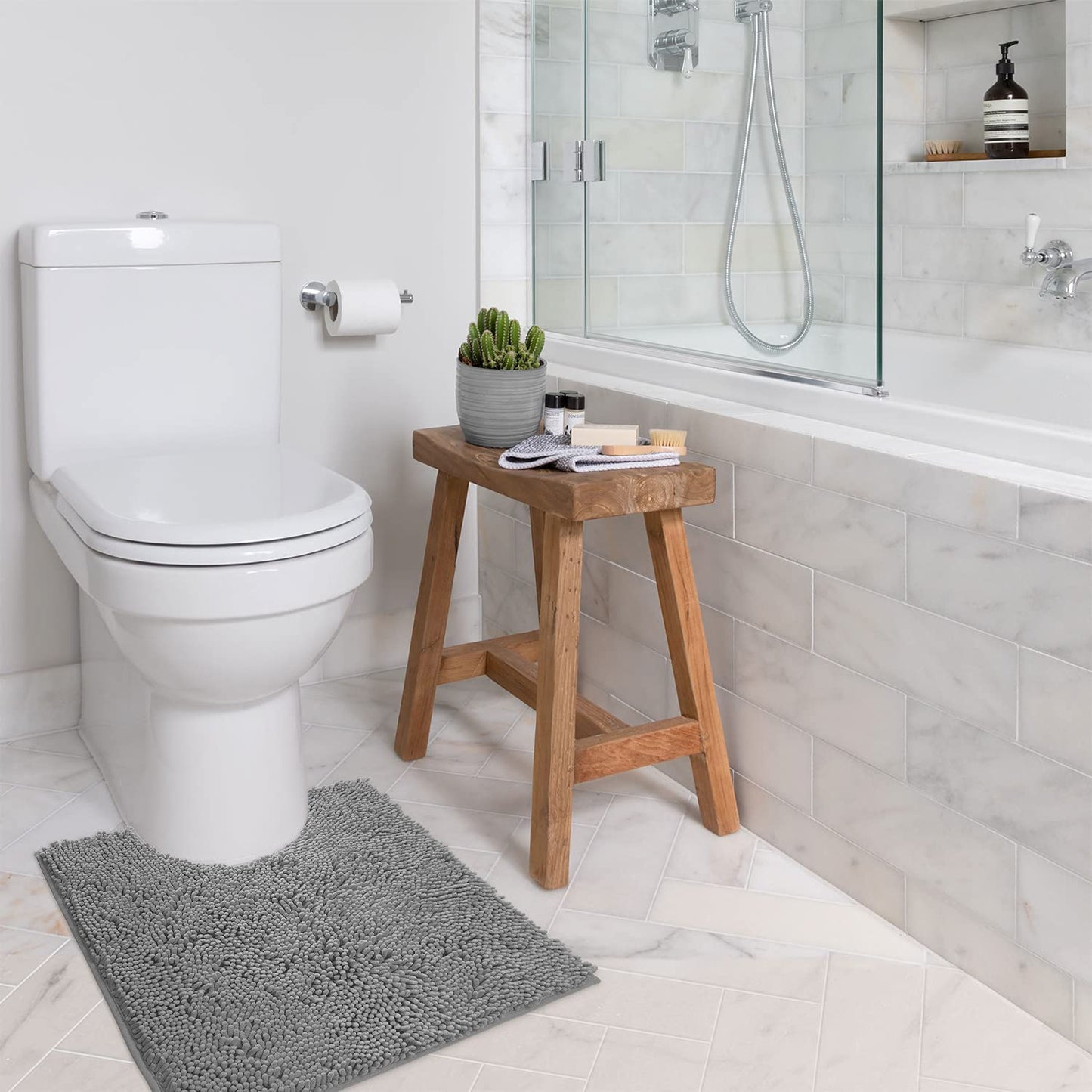 LuxUrux Toilet Rugs U Shaped Washable, Bathroom Toilet Mat, Extra-Soft Plush Bath Bathroom Rug,1'' Chenille Microfiber Material, Super Absorbent Shaggy Machine Wash & Dry (20 x 20 inch, Light Grey)