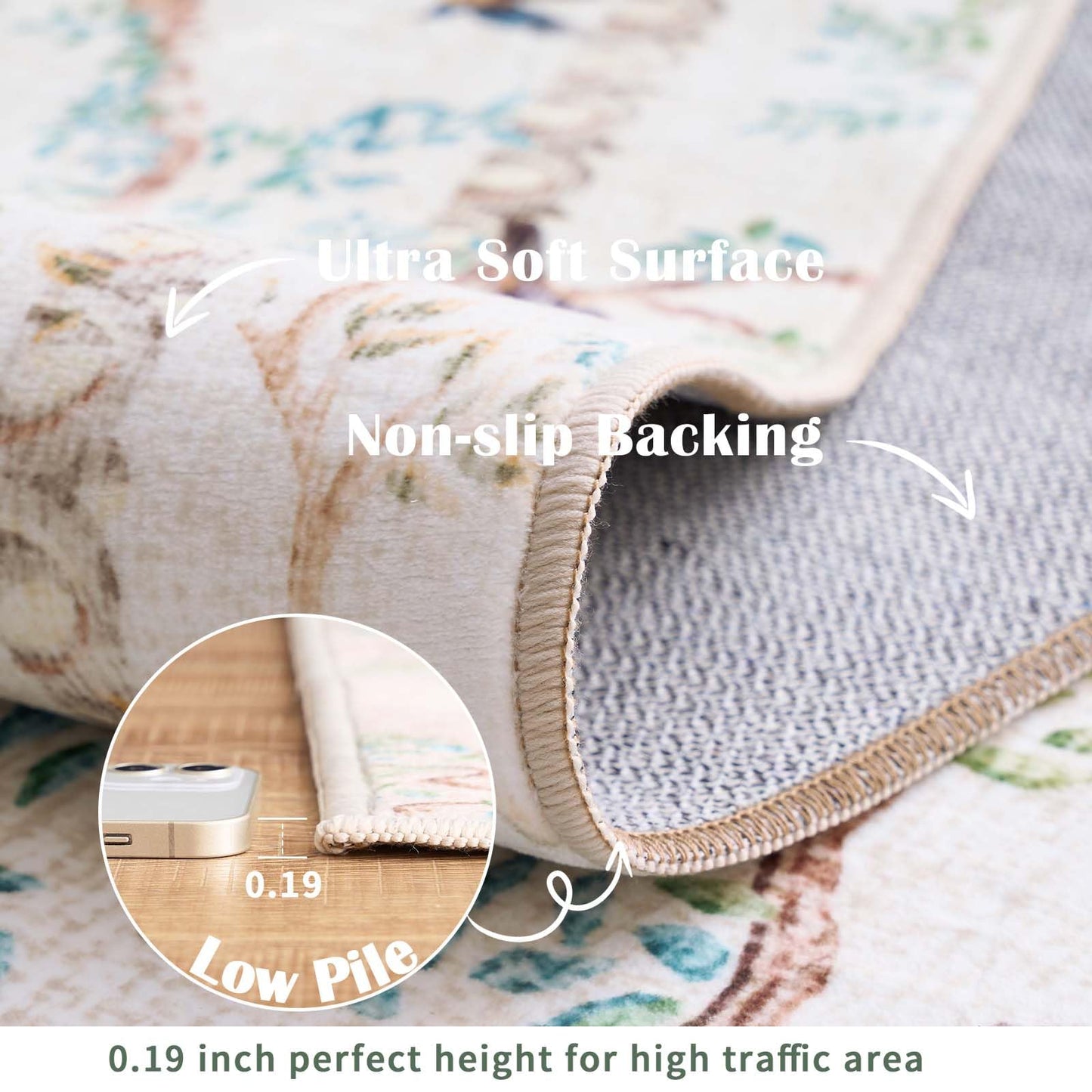 jinchan Yarden Round Rug 6ft, Vintage Distressed Botanical Birds Print Rug, Machine Washable Ultra Thin Low Pile Non Slip Area Rug, Ivory Circle Rug for Living Room Bedroom