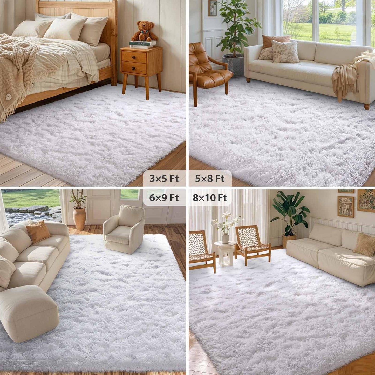 FinRèc White Rugs for Bedroom Living Room, 4x6 Feet Fluffy Shaggy Area Rug, Non-Slip Soft Shag Rug for Nursery Kids Room Dorm Room Home Decor, Indoor Plush Floor Carpet