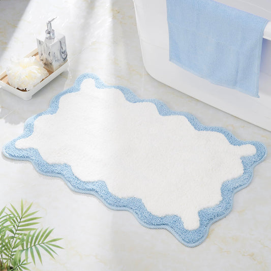 DyeFury Luxury Cute Bathroom Rugs, White Bath Mat W/Blue Scalloped Edge, Microfiber Aesthetic Trendy Funky Fun Preppy Rug, Extra Soft Bathroom Mat Non-Slip for Tub, Shower, and Bath Room 30'' x 20''