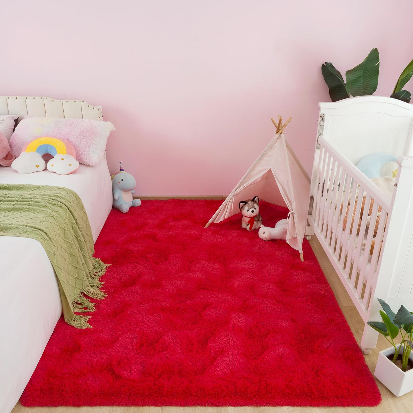 AROGAN Fluffy Rugs for Bedroom Living Room, Shag Area Rugs for Nursery Kids Girls Room, Plush Fur Rug for Playroom Dorm 3x5 Feet, Red