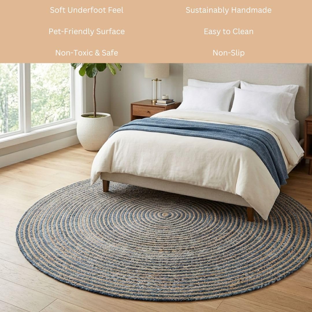 WeWove Hand Woven Area Rug 6 Feet Round - Jute Denim Area Rug Rustic Farmhouse Boho Accent Rug for Living Room Bedroom Kitchen Dorm Entryway Hallway - Handcrafted Floor Rug