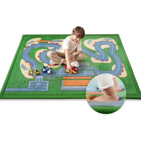PaPaMat 1.3" Thick Educational Baby Floor Play Mat 59x79, Basic Padded Memory Foam Kids Mat, Non-Slip Plush Playmat for Nursery Playroom Classroom (Race Track)