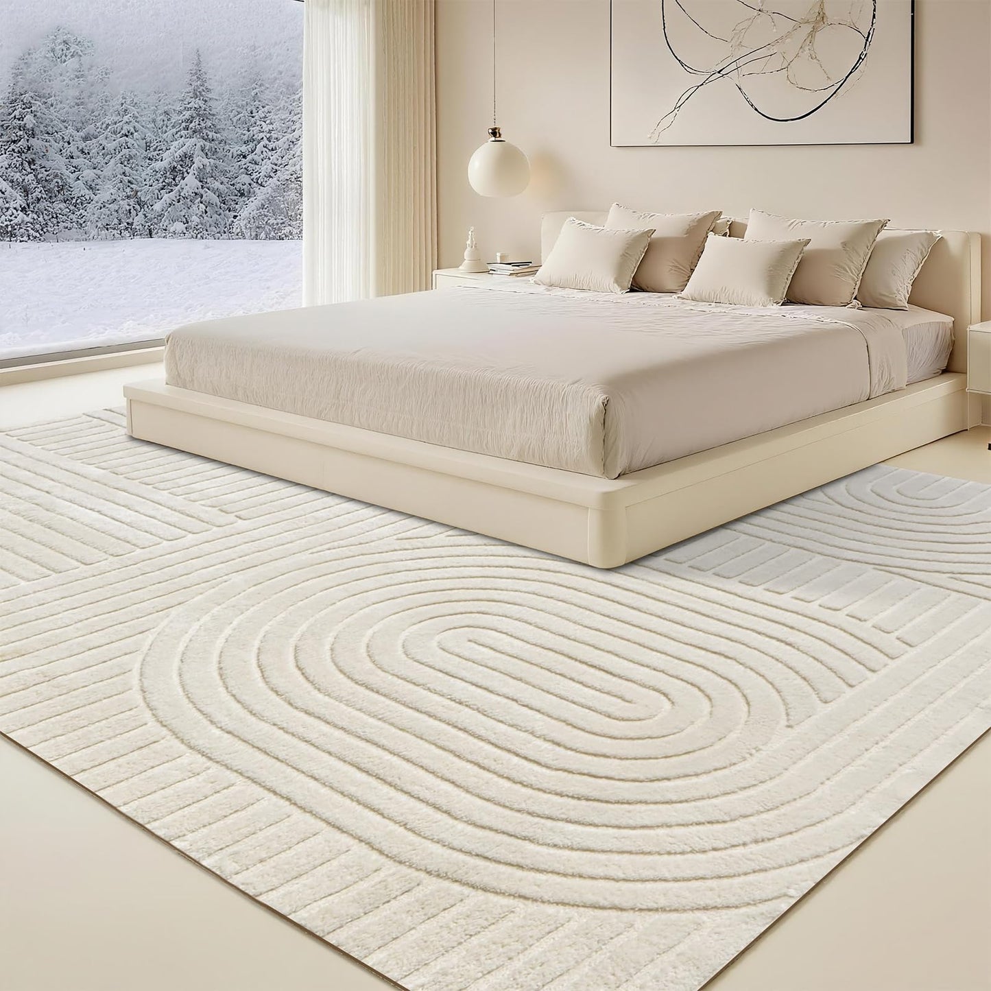 MATIIUI Beige Solid Area Rug 8x10 – Large Washable Soft Indoor Rugs for Living Room Bedroom, Modern Geometric Bohemian Pattern High-Low Pile Textured Carpet for House Apartment, Home Office Decor