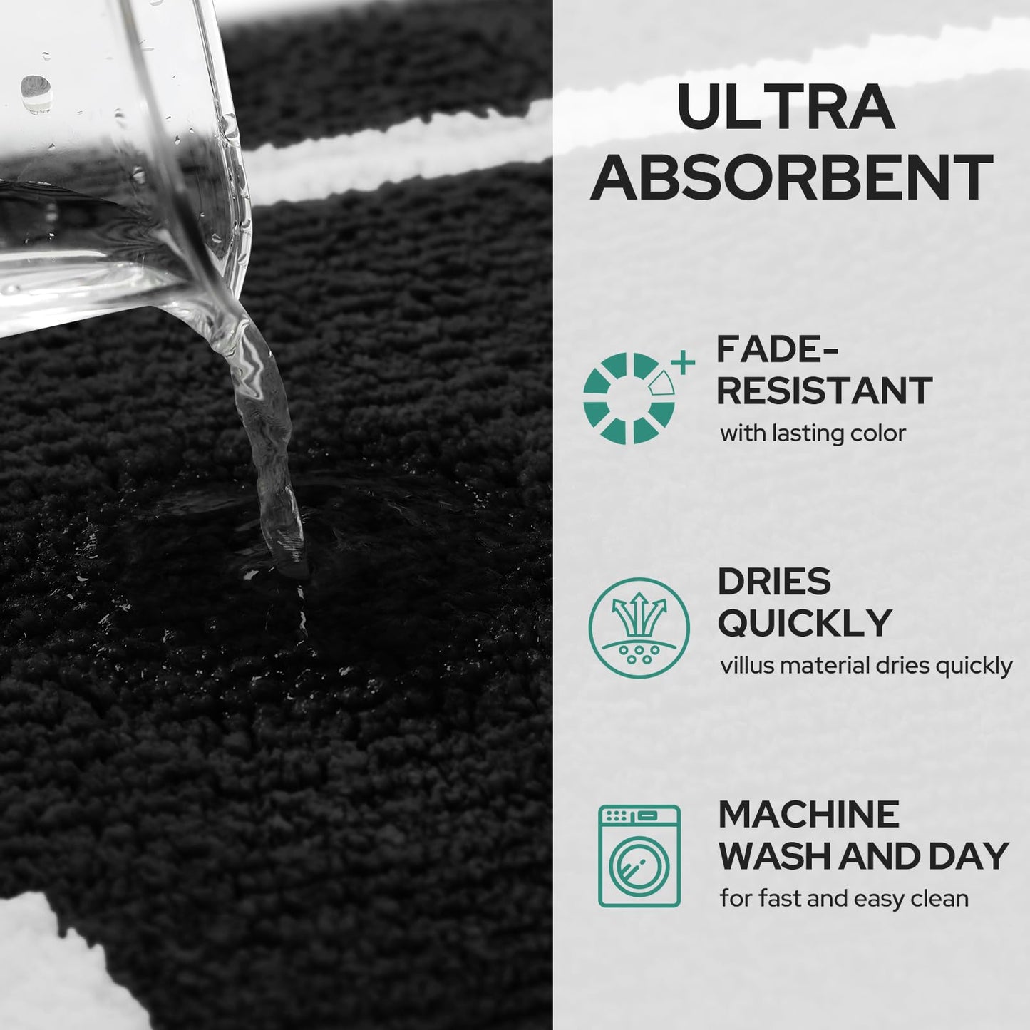 HOMEIDEAS 2 Piece Bathroom Rug Set, Ultra Soft Microfiber Bath Mats, Absorbent Non Slip Washable Rugs for Bathroom, Shower & Tub (Black, 16"x24"+20"x32")
