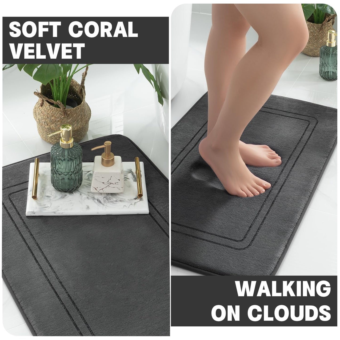 YIHOUSE Memory Foam Bath Mat Set, Non Slip Bath Mats for Bathroom, Super Soft and Water Absorbent Bath Rug Set, Machine Washable U Shape Toilet Mats, Dark Grey