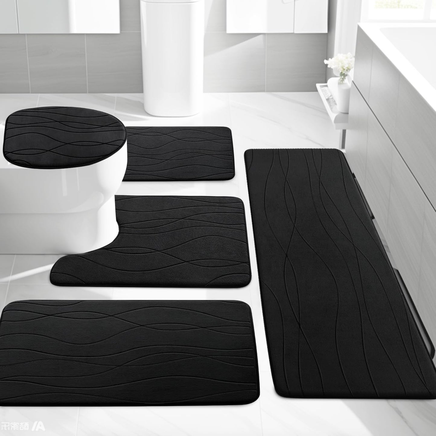 YIHOUSE Memory Foam Bathroom Rug Sets, Black, 5 Piece