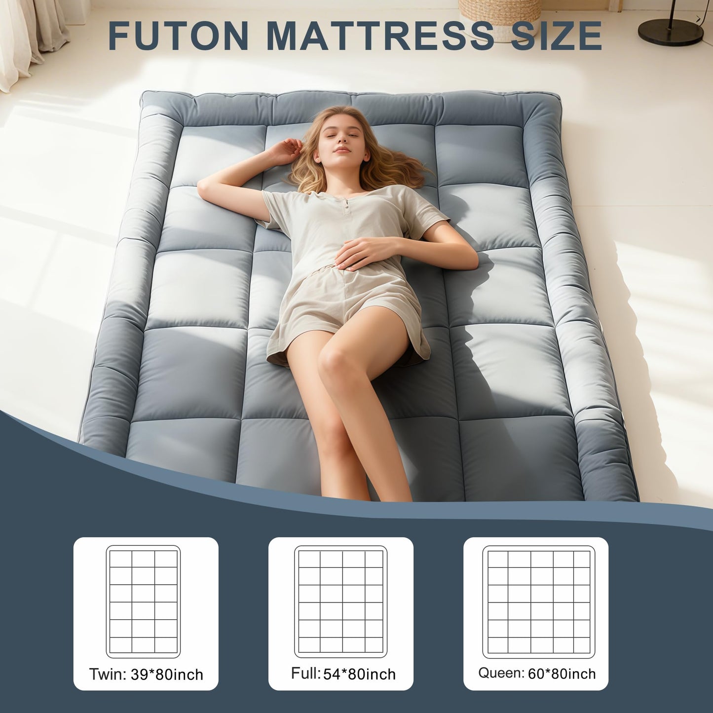 ALPSWAN Japanese Floor Mattress Futon, Thick 5-Layer Roll Up Foldable Mattress, Comfortable Foam Tatami Mat Sleeping Pad (Gray, Queen)