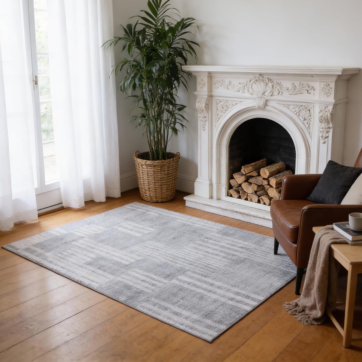 Ash Tonal Gray Throw Rug 4x6 - Washable Non-Slip Foldable Thin Rug | Retro Distressed Floral Print Indoor Accent Carpet for Bedroom Living Room Bathroom