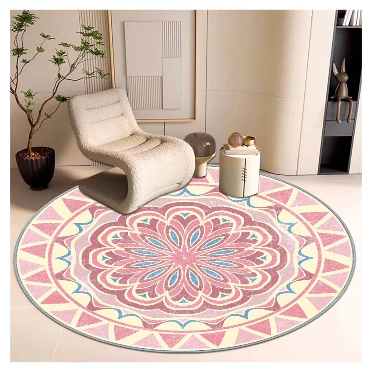 Office Short Pile Chair Mat, Non-Slip Noise-Reducing Desk and Chair Rug, 47 Inch Round Mat, Office、Study Decorative Rug for Wood Floors, Laminate and Ceramic Tiles (Mandalas)