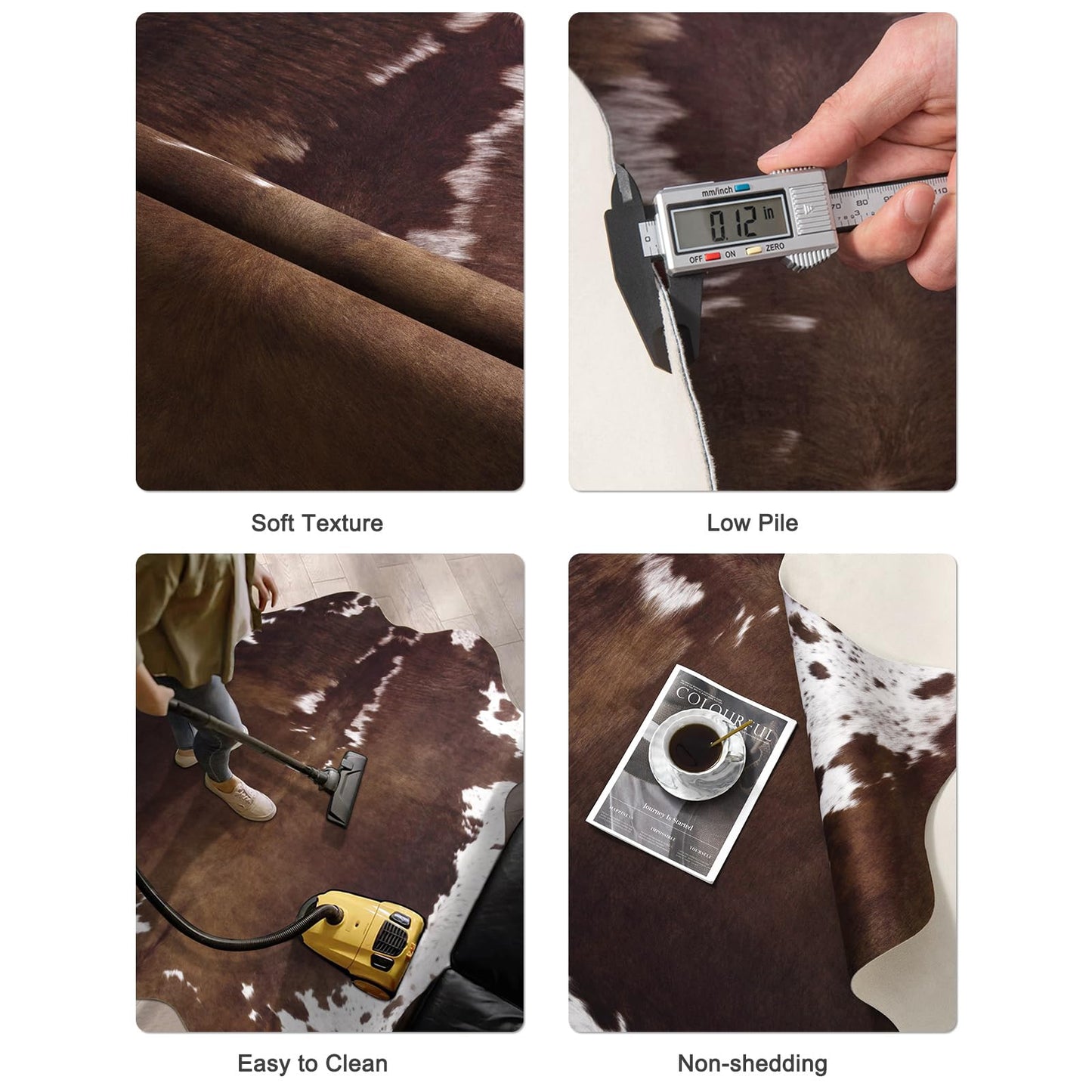 Pettop Luxury Faux Cowhide Rug 4.6x5.2 Feet - Western Cow Print Area Rugs for Living Room, Bedroom, Farmhouse - Premium Western Style Faux Fur Carpet, Non-Slip Animal Hide Throw Rugs (Dark Brown)