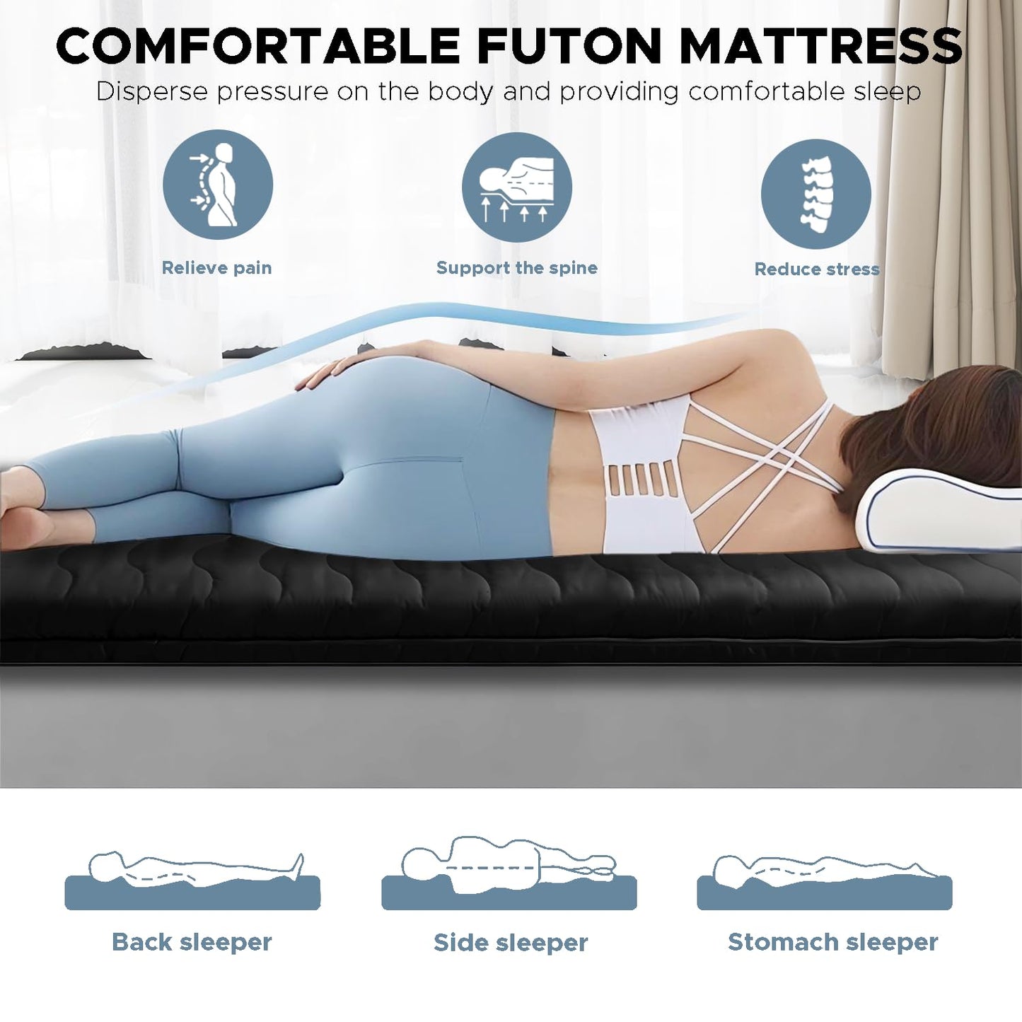 Japanese Floor Mattress, 100% High Density Comfortable Foam, 4" Thicken Foldable Mattress Tatami Mat Sleeping Pad, Ideal for Comfort and Support, Kids Floor Lounger Pillow Bed Sofa, Black, Queen