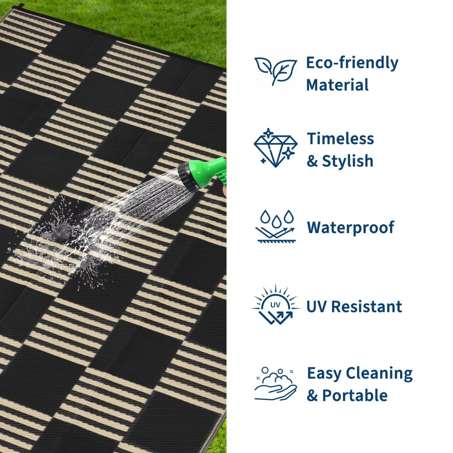 Garvee Waterproof Outdoor Rug 5x8, Checkered Foldable Plastic Straw Patio Camping Rug, Outdoor RV Carpet for Deck Camper Porch Balcony Backyard Picnic Beach Black and Brown