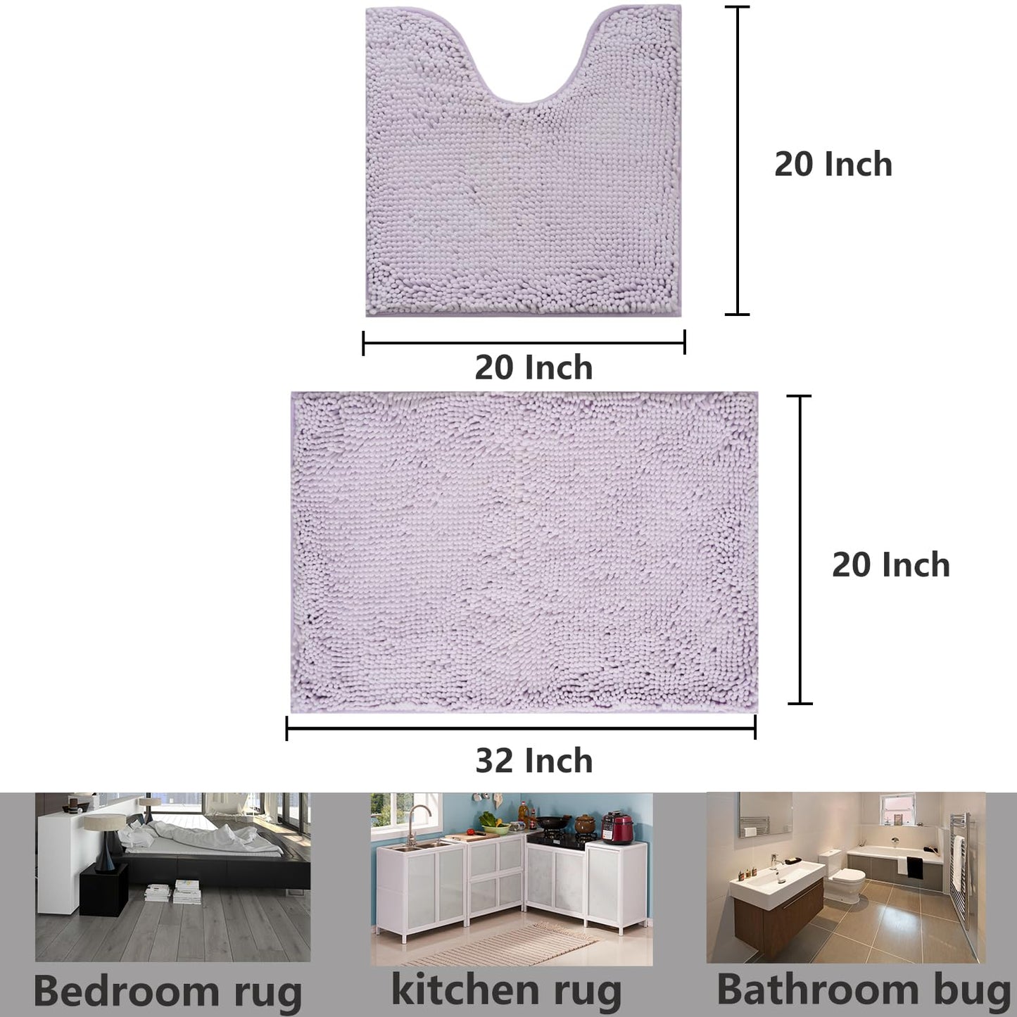 Flotstiga Bathroom Rugs Chenille, Extra Thick and Absorbent, Non-Slip, Machine Washable, Dry Quckily, Soft Cozy Plush, Used Under Shower Bathtub and Sink, Bath Mat Sets Lavender