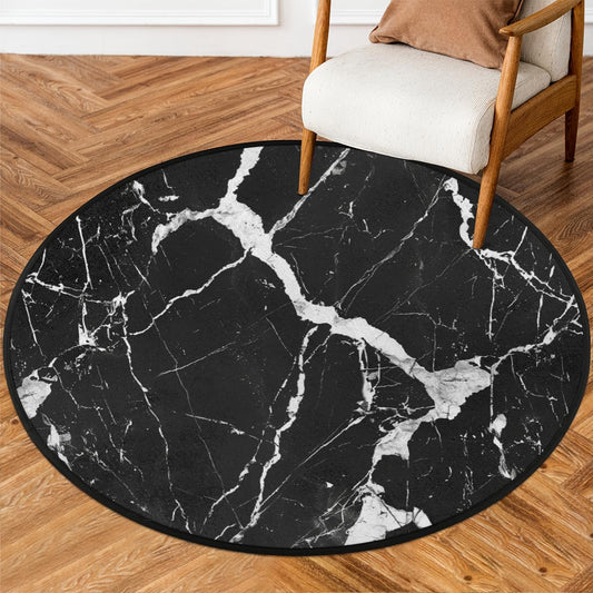 Black and White Marble Texture 63inch Round Indoor Rug, Washable Anti Slip, Room Decor Circle Carpet for Bedroom Living Room Pad