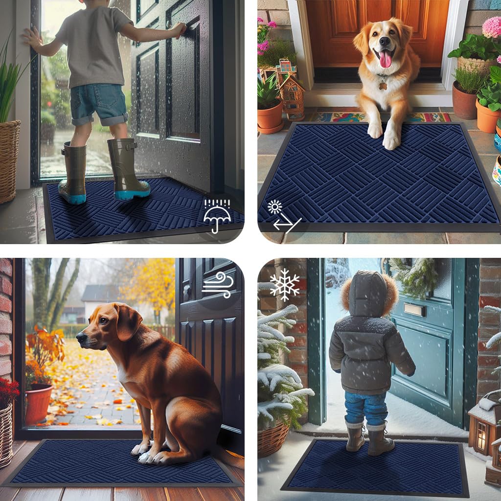 Smiry Front Door Mat Outside Entrance, Heavy Duty Outdoor Indoor Natural Rubber Doormat, Non Slip, Trap Dirt and Moisture, Easy Clean, Low Profile Patio Porch Entryway Mat, 35x23, Navy Blue