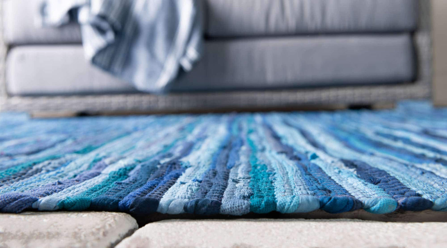 Unique Loom Chindi Cotton Collection Soft Hand Woven Natural Fiber Striped Area Rug, 2 ft 7 in x 9 ft 10 in, Navy Blue/Ivory