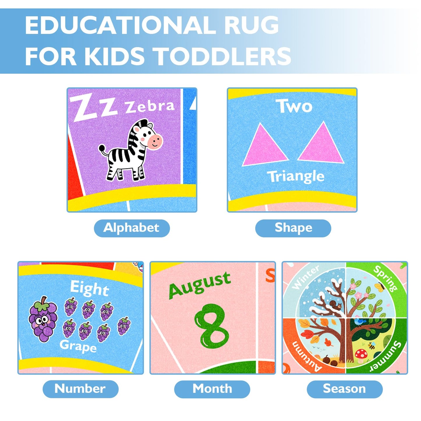 GRAMBET ABC Kids Rug for Playroom, 6ft Round Alphabet Small Classroom Rug, Non-Slip Washable Kids Play Mat, Educational Area Rug for Daycare Preschool Bedroom to Learn Numbers Shapes Seasons