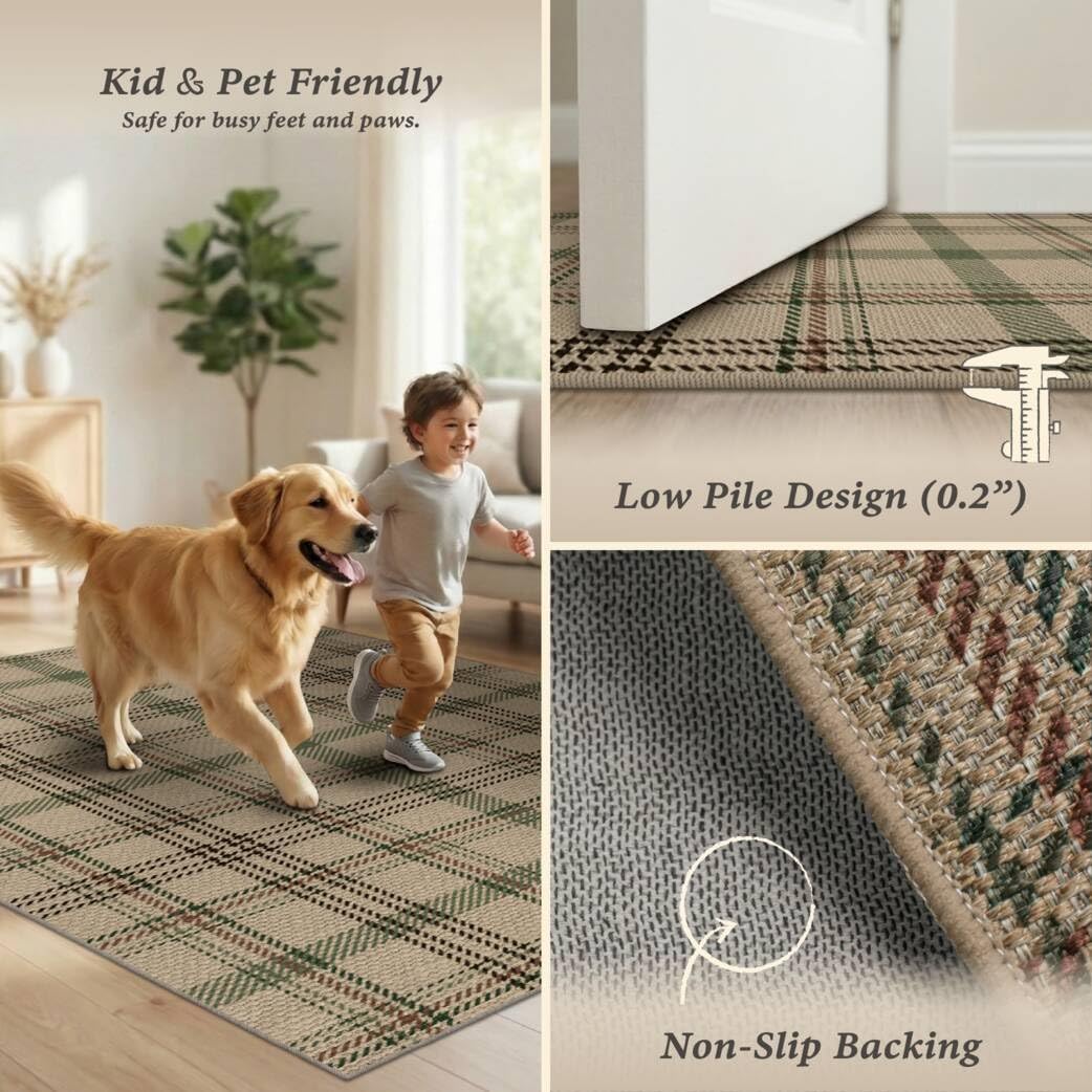 JTJ 5x7 Plaid Area Rug for Living Room - Large Indoor Outdoor Rug for Porch, Bedroom Under Bed, Non Slip Modern Farmhouse, Easy Jute Washable Beige and Sage Green Striped Aesthetic Room Decor