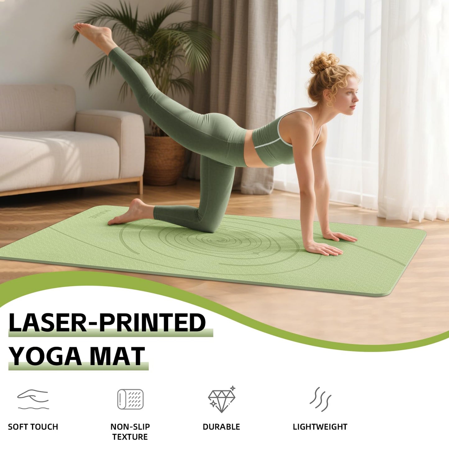 Large Yoga Mat Thick, 76"x32"x0.31"Wide POE Exercise Mat with Non-Slip Surface & Carry Strap, Anti-Tear Workout Mat for Yoga, Pilates, Fitness (Light Green)