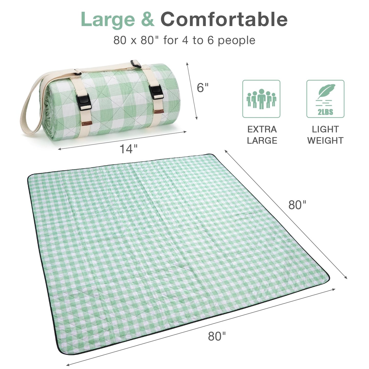 WILLOW WEAVE Picnic Blanket, 80''x80'' Waterproof Outdoor Blankets, Picnic Mat Washable for Beach, Picnic Blankets for Camping on Grass with Shoulder Strap - Green & White