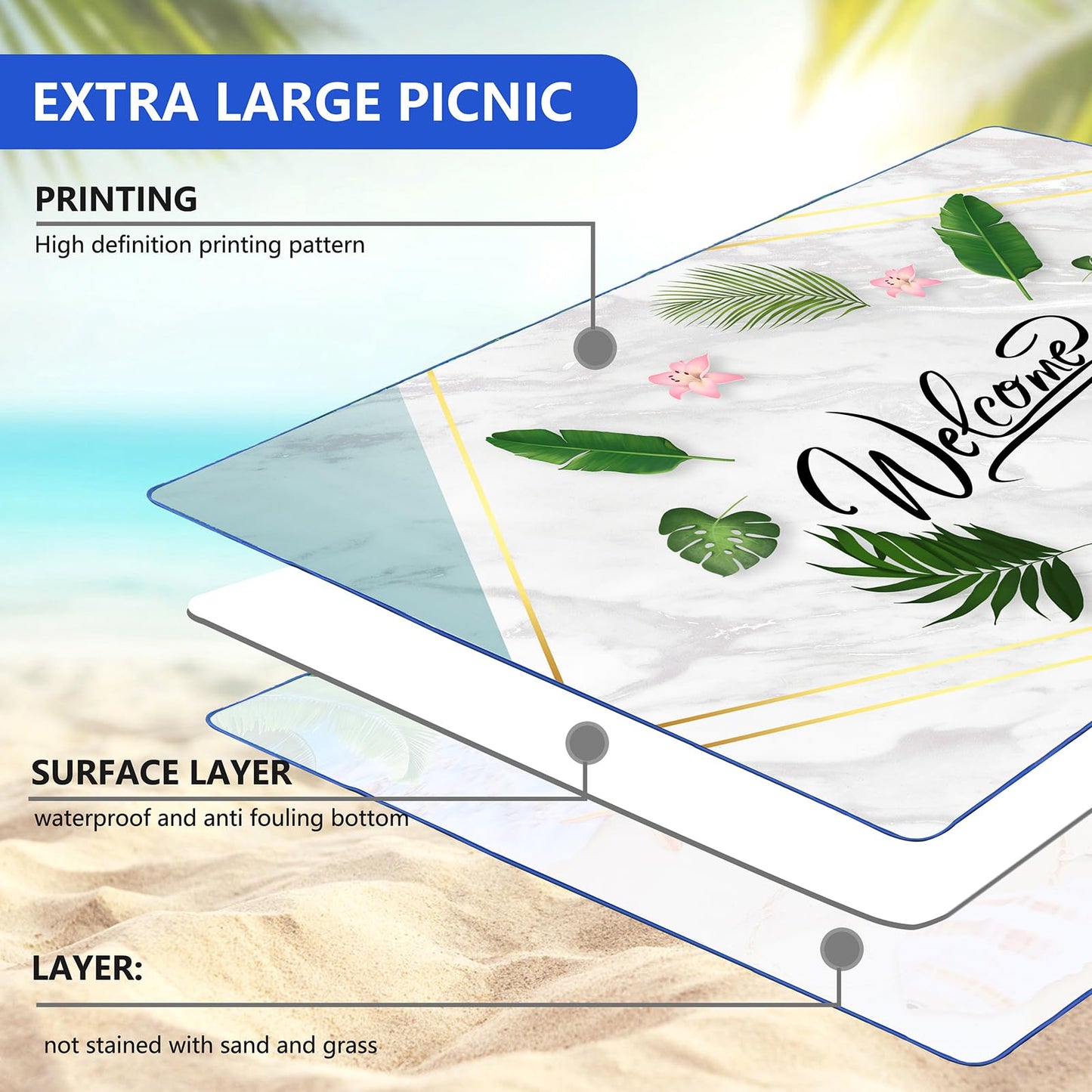 DanCoom Picnic Blanket, Foldable Waterproof Sand Mat, Extra Large Picnic Blanket Outdoor Picnic Mat Beach Blanket for Park Grass Camping Hiking Travel Family Concerts