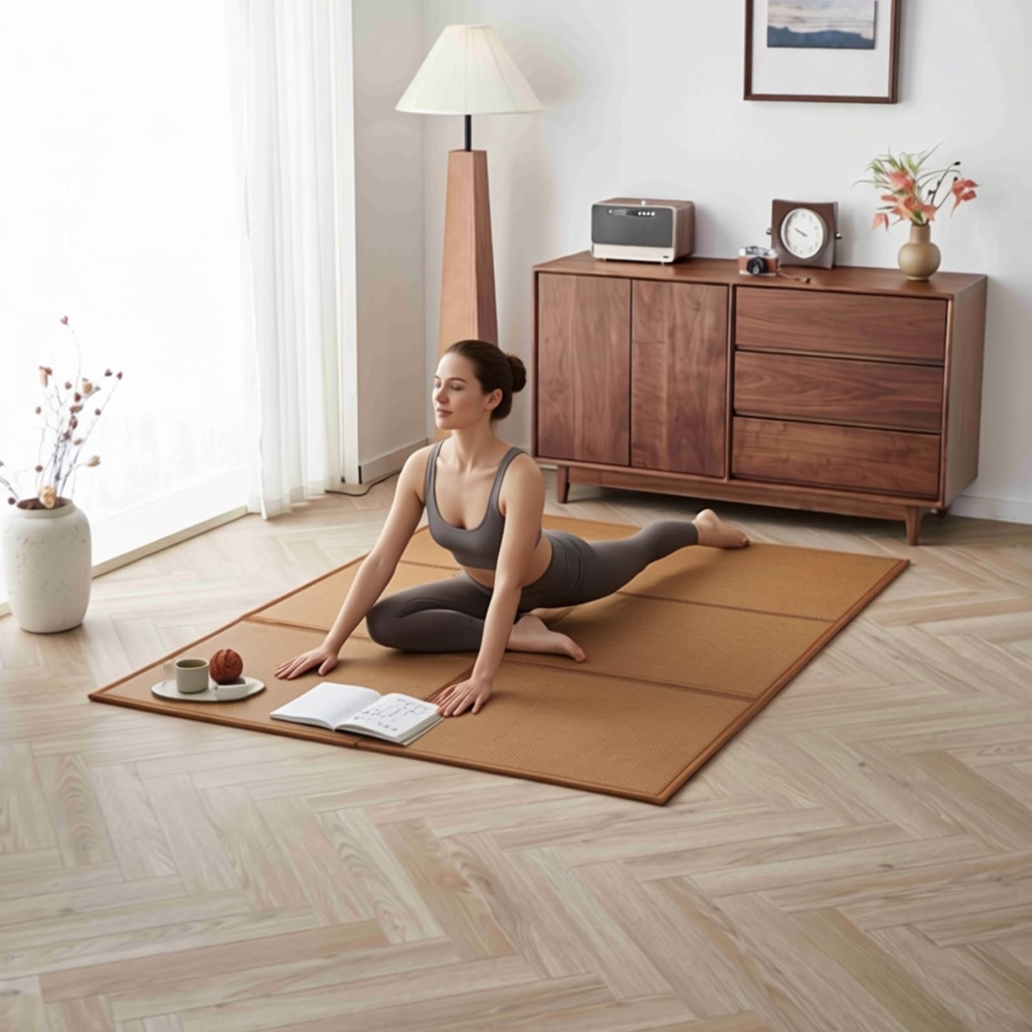 KITBRHOME Natural Rattan Floor Foldable Tatami Mat,Queen, 79" x 59" x 0.5"