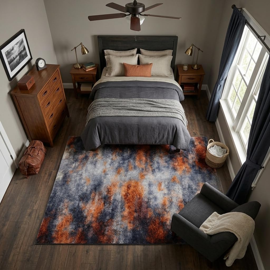 ERYATOU 5x7 Area Rug, Modern Abstract Smoke Cloud Area Rug in Orange and Gray, Washable Non-Slip Low Pile Soft Friendly Carpet for Living Room, Bedroom, Study Room