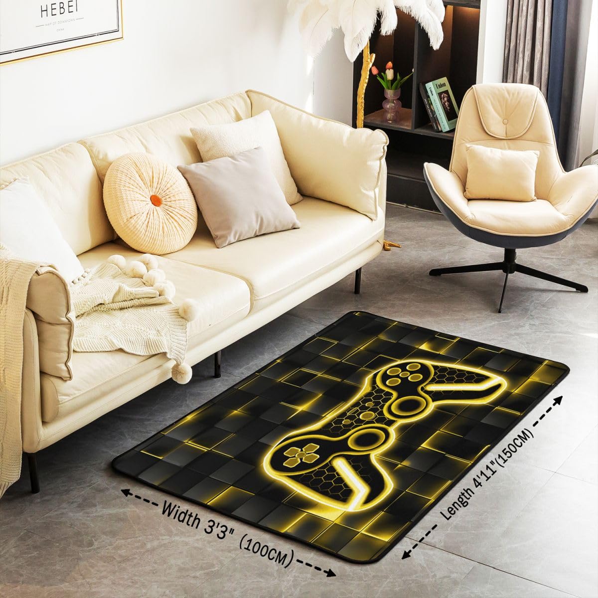 Feelyou Kids Gamer Area Rug 5x7 Yellow and Black Rugs for Living Room Bedroom for Boys Teens Decor Gaming Ombre Decorative Rug Set Geometric Square Indoor Floor Mat
