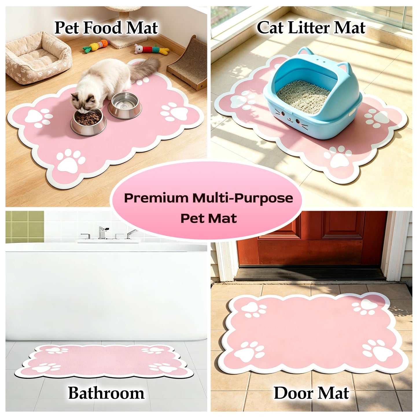 19×14in Cuttable Mat for Dog Bowls - Water Absorbent Mat for Dog Bowls with Rubber Non-Slip Backing, Quick Dry Dog Food Mat, No Stains & 3.5mm Thick Mat for Pet Food Bowls, Pink