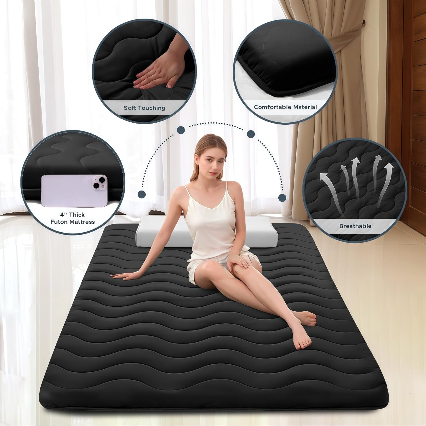 Japanese Floor Mattress, 100% High Density Comfortable Foam, 4" Thicken Foldable Mattress Tatami Mat Sleeping Pad, Ideal for Comfort and Support, Kids Floor Lounger Pillow Bed Sofa, Black, Queen