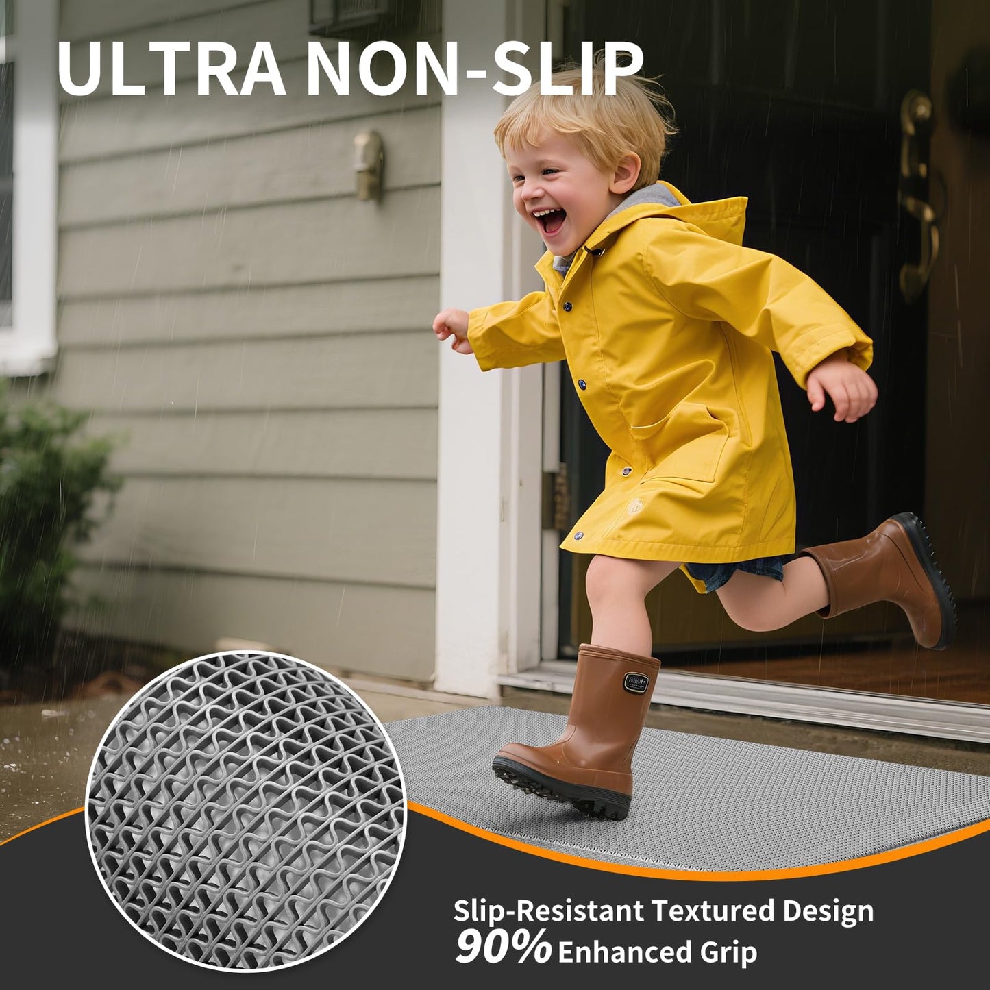 QiCaiJia Front Door Mat 24''x71'', Drainage Heavy Duty Dirt Trapping Non-Slip Doormats, Outdoor Rubber Floor Mats, Restaurant Commercial Kitchen Industral Pool Entrance Bar Wet Area, Grey